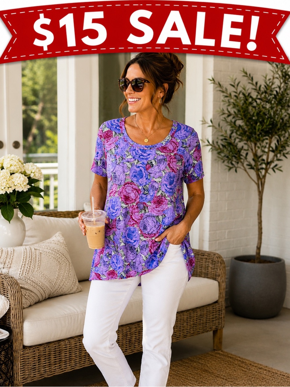 Purple Rose Floral Tunic Top Medium Soft Stretch